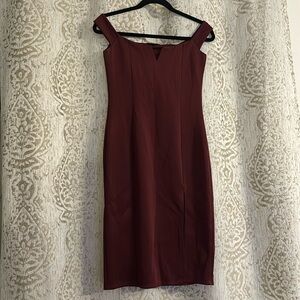 Burgundy Off the Shoulder Midi Fitted Dress with Slit | Size 4